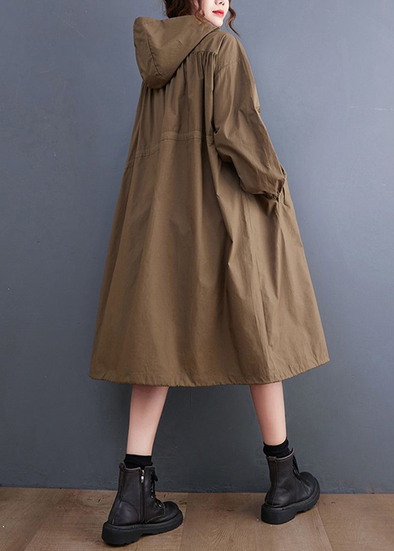 Plus Size Coffee Zip Up Snøring Rynket Bomull Hettegenser Coat Spring - Trenchcoats for kvinner