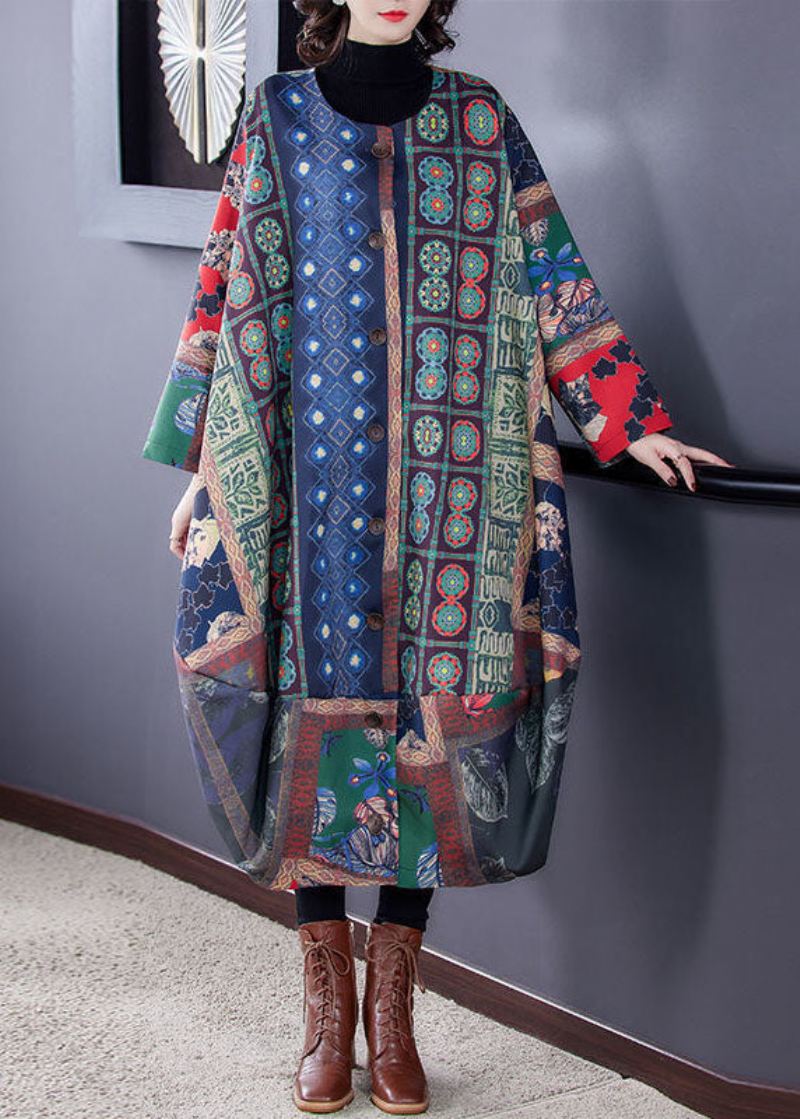 Plus Size Colorblock O-hals Asymmetrisk Print Cotton Trench Coats Fall