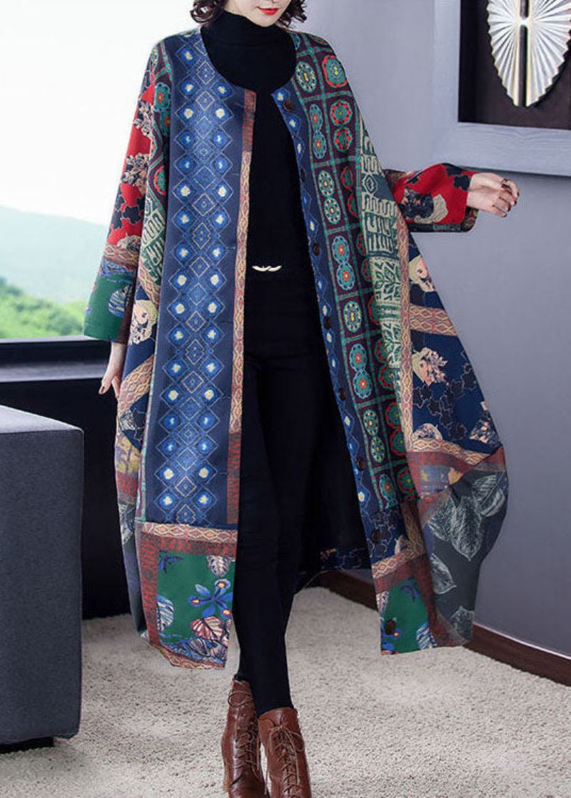 Plus Size Colorblock O-hals Asymmetrisk Print Cotton Trench Coats Fall - Trenchcoats for kvinner