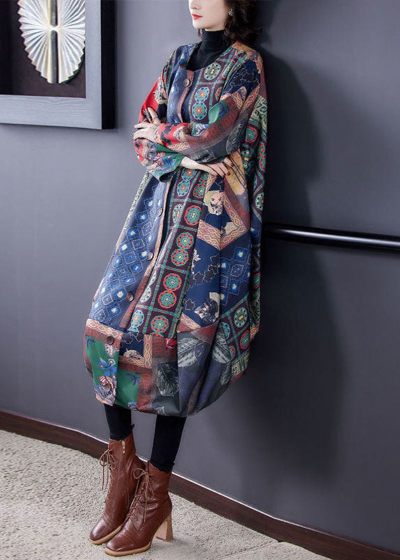 Plus Size Colorblock O-hals Asymmetrisk Print Cotton Trench Coats Fall - Trenchcoats for kvinner