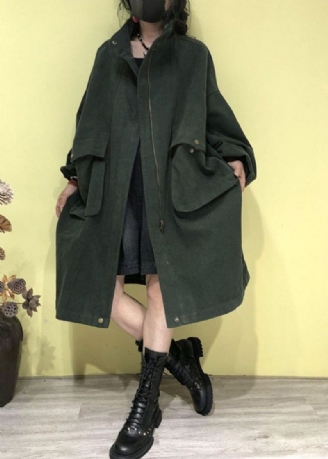 Plus Size Grønn Stand Krage Glidelås Lommer Trench Coats Fall