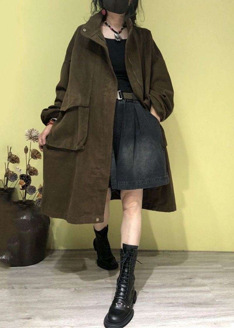 Plus Size Grønn Stand Krage Glidelås Lommer Trench Coats Fall - Grønn