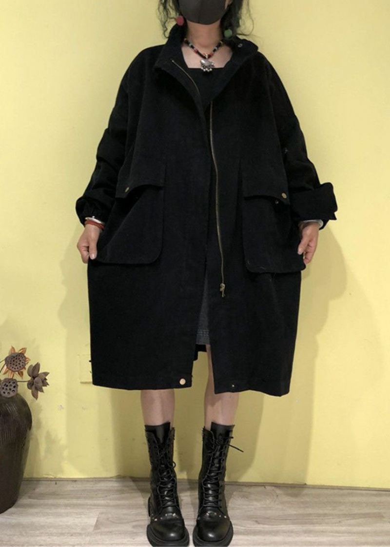 Plus Size Grønn Stand Krage Glidelås Lommer Trench Coats Fall - Grønn