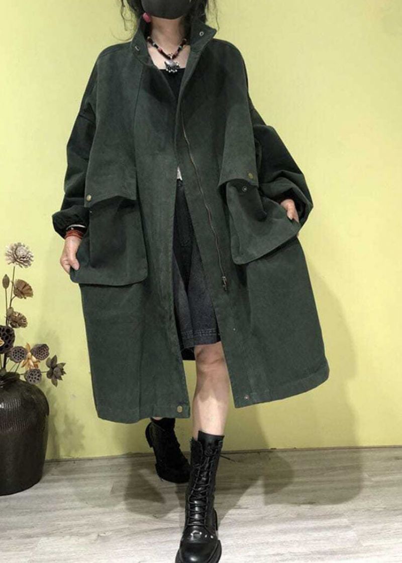 Plus Size Grønn Stand Krage Glidelås Lommer Trench Coats Fall - Grønn