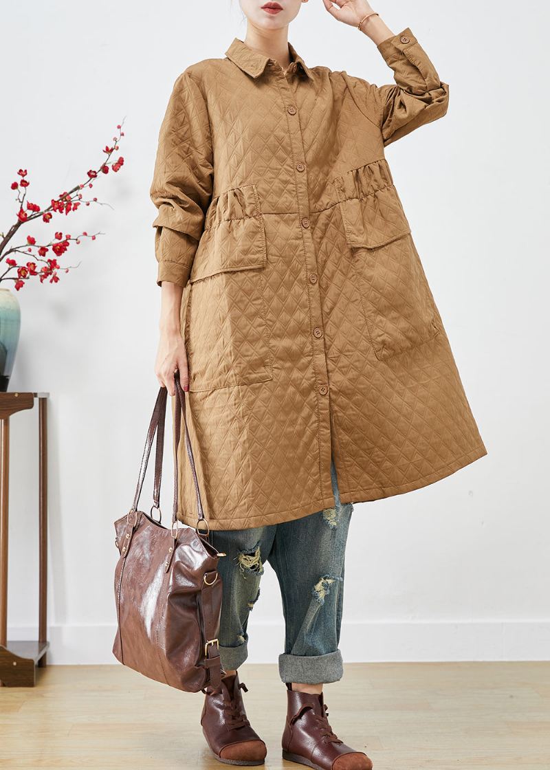 Plus Size Khaki Cinched Plaid Lommer Fin Bomullsfylt Trench Winter