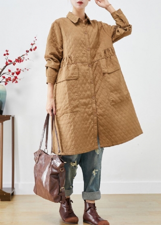 Plus Size Khaki Cinched Plaid Lommer Fin Bomullsfylt Trench Winter