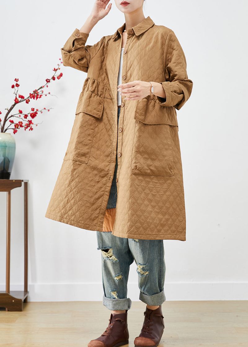 Plus Size Khaki Cinched Plaid Lommer Fin Bomullsfylt Trench Winter - Trenchcoats for kvinner