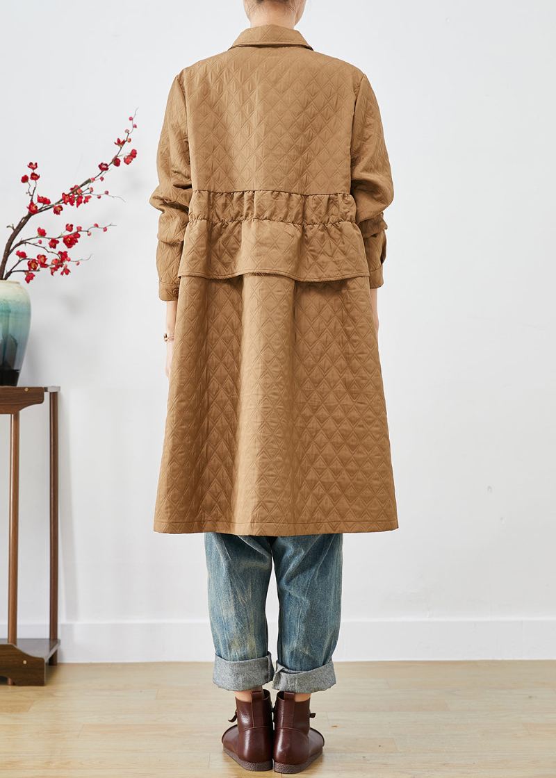 Plus Size Khaki Cinched Plaid Lommer Fin Bomullsfylt Trench Winter - Trenchcoats for kvinner