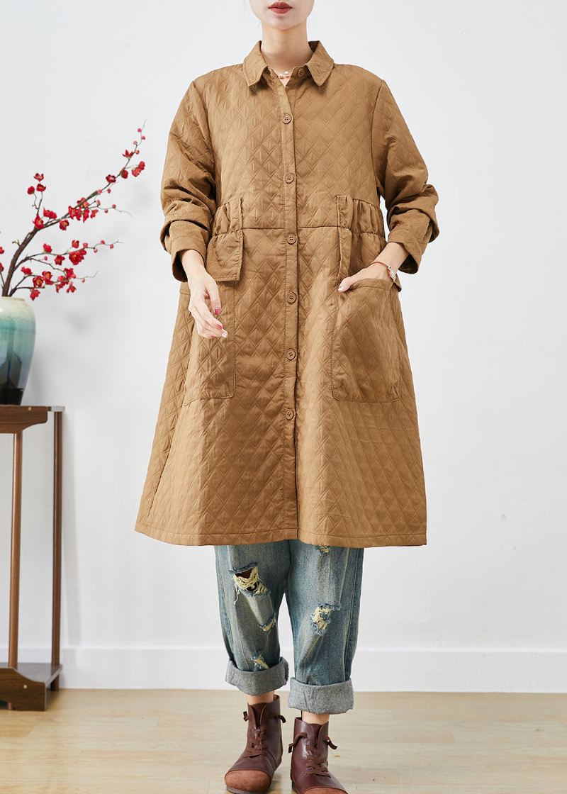 Plus Size Khaki Cinched Plaid Lommer Fin Bomullsfylt Trench Winter - Trenchcoats for kvinner