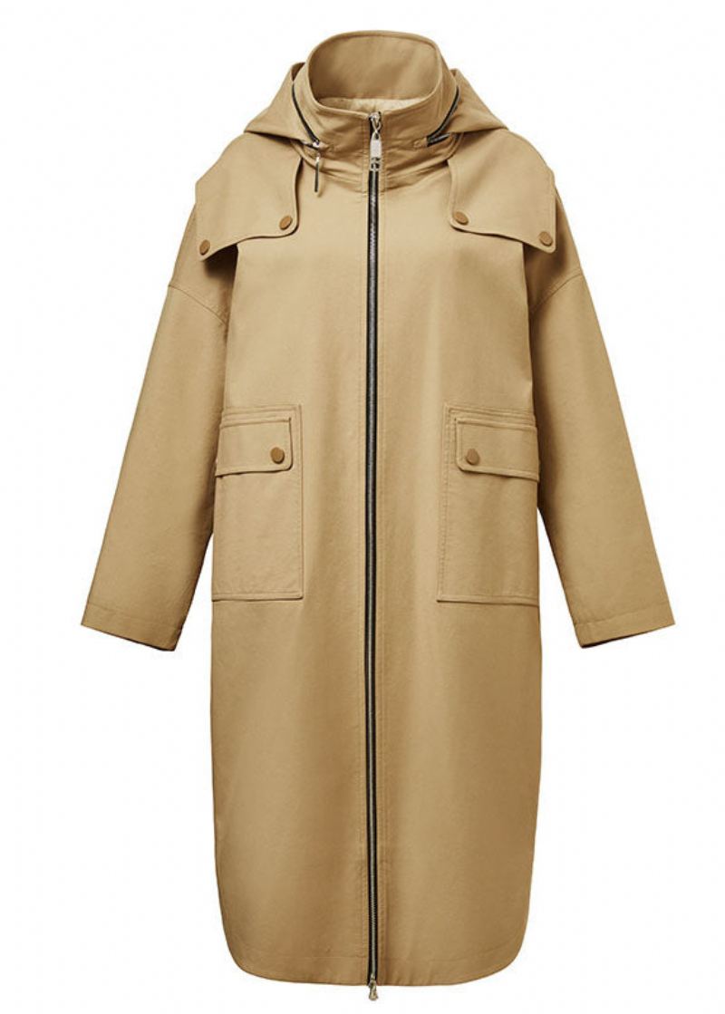 Plus Size Khaki Hette Glidelås Cocoon Coats Spring - Trenchcoats for kvinner