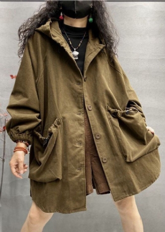 Plus Size Khaki Hette Snøring Store Lommer Cotton Coats Spring