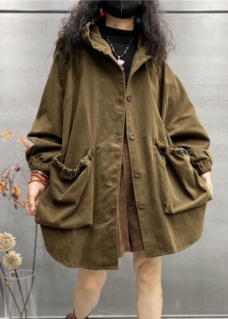 Plus Size Khaki Hette Snøring Store Lommer Cotton Coats Spring - Trenchcoats for kvinner