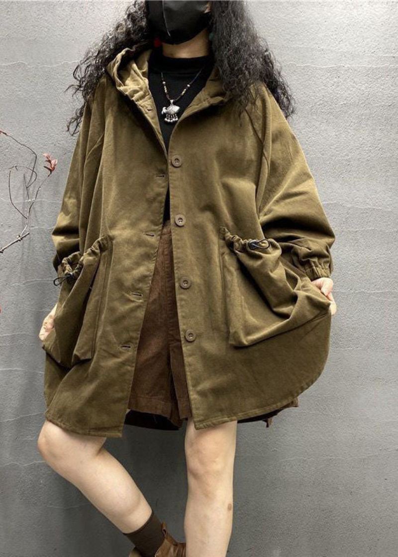 Plus Size Khaki Hette Snøring Store Lommer Cotton Coats Spring - Trenchcoats for kvinner