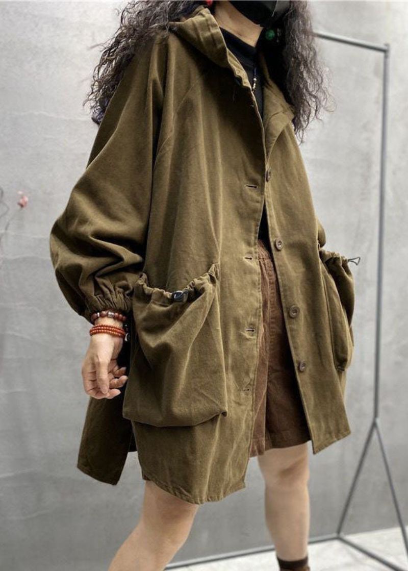 Plus Size Khaki Hette Snøring Store Lommer Cotton Coats Spring - Trenchcoats for kvinner