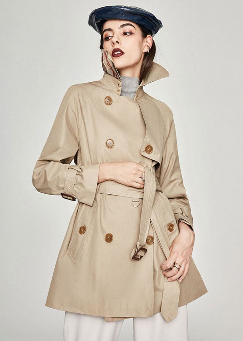 Plus Size Khaki Peter Pan Krage Sashes Bomull Dobbel Breasted Trench Spring