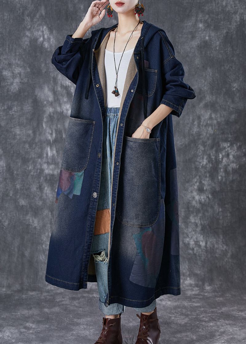 Plus Size Navy Hette Asymmetriske Store Lommer Denim Trench Fall