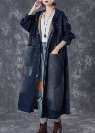 Plus Size Navy Hette Asymmetriske Store Lommer Denim Trench Fall