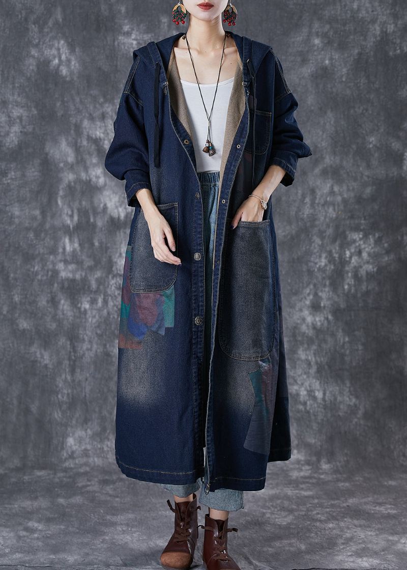 Plus Size Navy Hette Asymmetriske Store Lommer Denim Trench Fall - Trenchcoats for kvinner