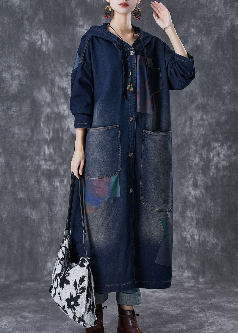 Plus Size Navy Hette Asymmetriske Store Lommer Denim Trench Fall - Trenchcoats for kvinner