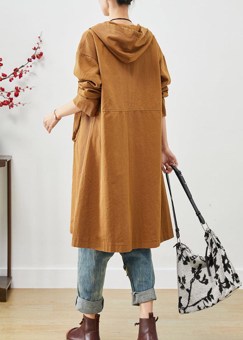 Plus Size Oransje Hettelommer Bomull Frakk Yttertøy Spring - Trenchcoats for kvinner