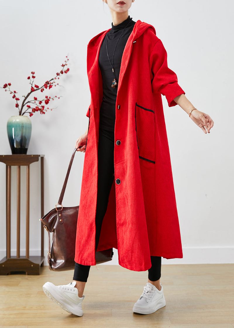 Plus Size Røde Hette Store Lommer Corduroy Trench Coat Fall