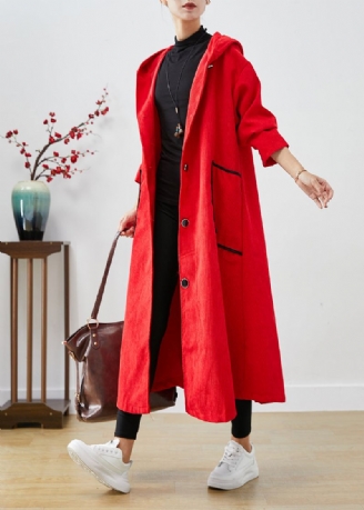 Plus Size Røde Hette Store Lommer Corduroy Trench Coat Fall