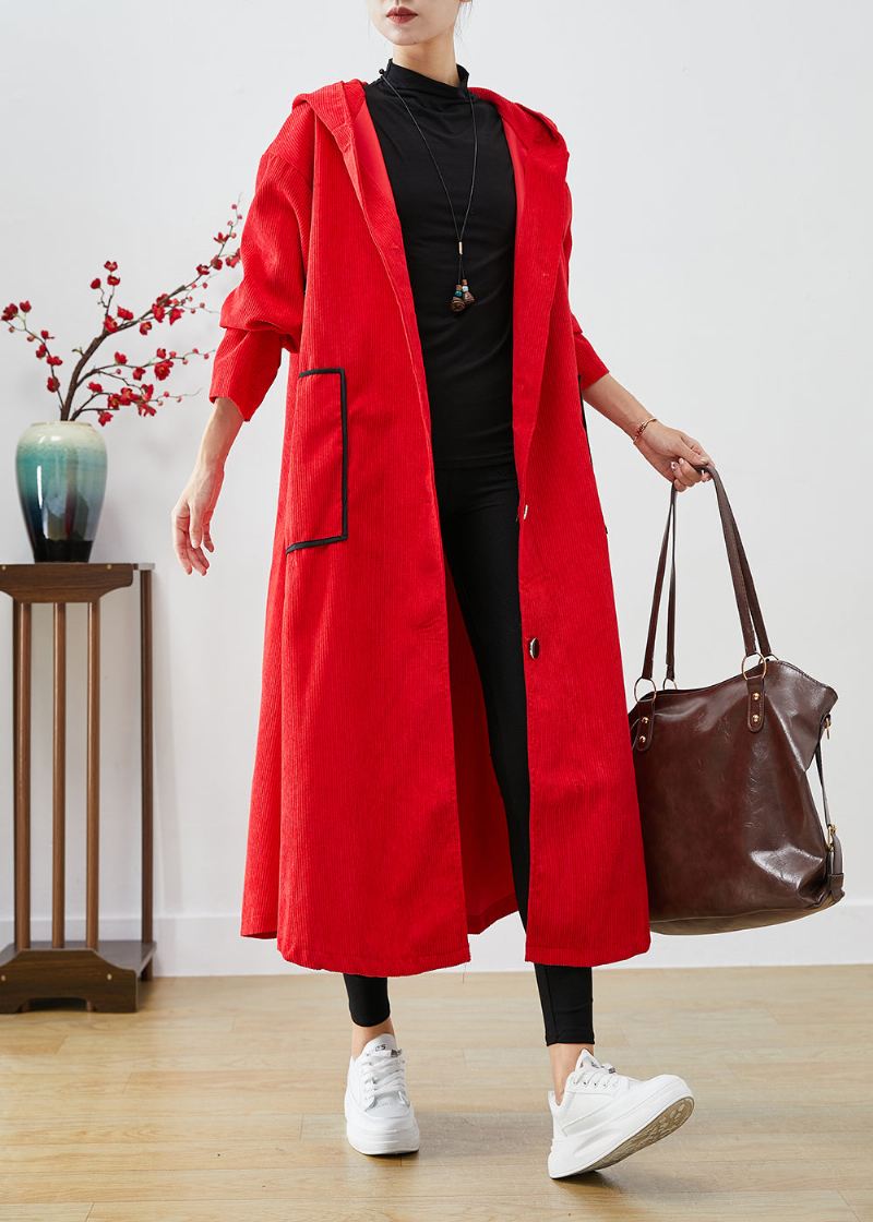 Plus Size Røde Hette Store Lommer Corduroy Trench Coat Fall - Trenchcoats for kvinner