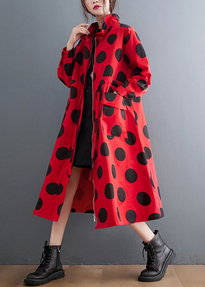 Plus Size Røde Volanglommer Dot Snøring Cotton Coats Spring - Trenchcoats for kvinner