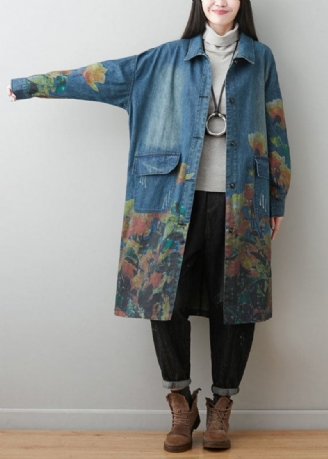 Pluss Size Blå Peter Pan Krage Lommer Print Cotton Denim Coats Spring