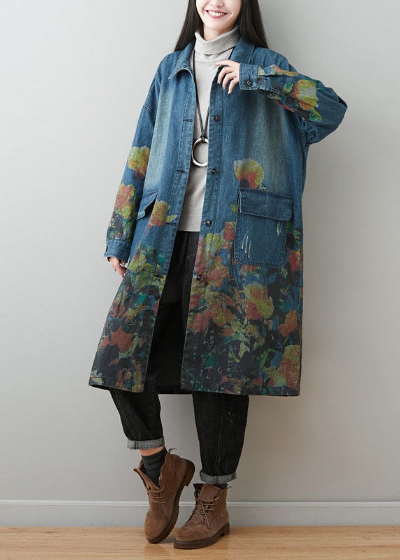 Pluss Size Blå Peter Pan Krage Lommer Print Cotton Denim Coats Spring - Trenchcoats for kvinner