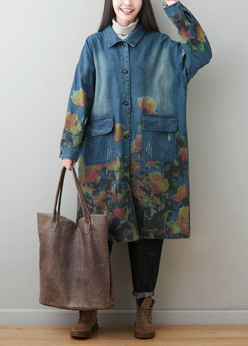 Pluss Size Blå Peter Pan Krage Lommer Print Cotton Denim Coats Spring - Trenchcoats for kvinner