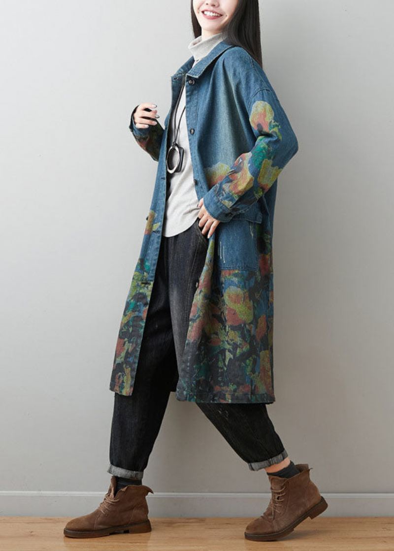 Pluss Size Blå Peter Pan Krage Lommer Print Cotton Denim Coats Spring - Trenchcoats for kvinner