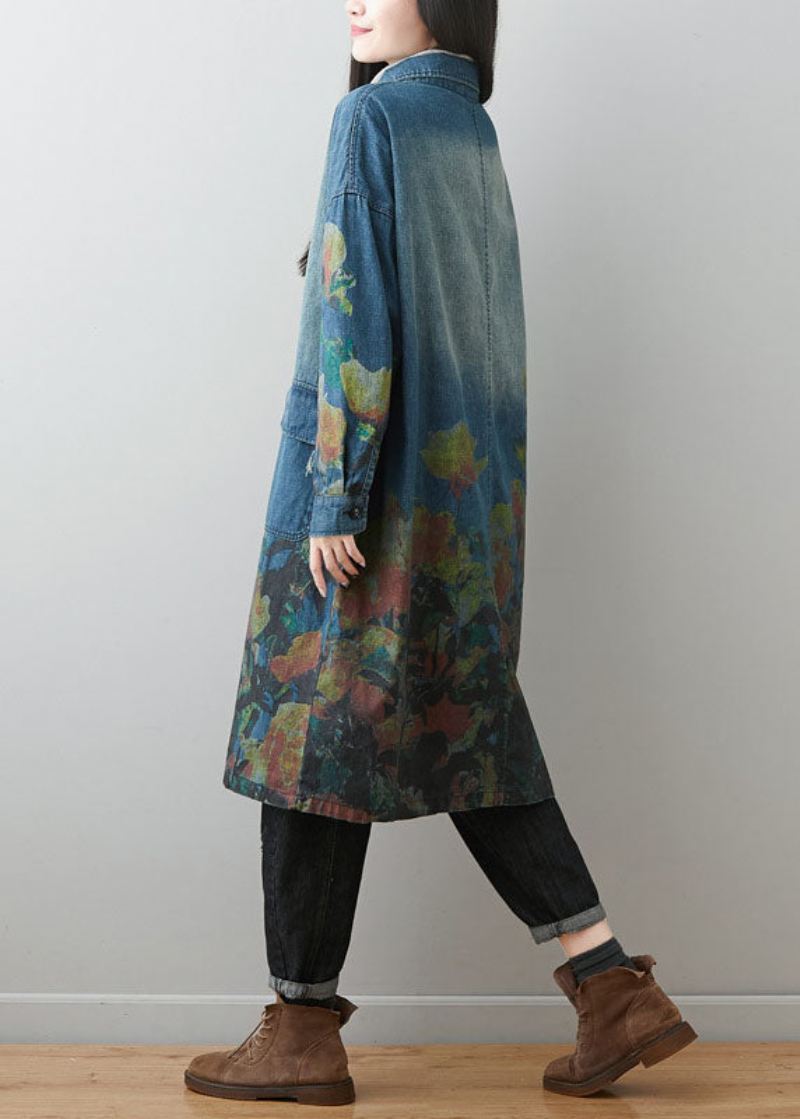 Pluss Size Blå Peter Pan Krage Lommer Print Cotton Denim Coats Spring - Trenchcoats for kvinner