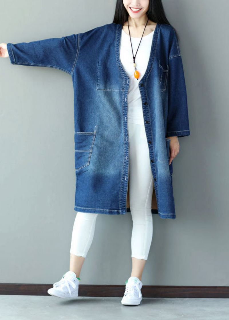 Pluss Size Blå V-halslommer Applikasjonsbomull Denim Coats Spring