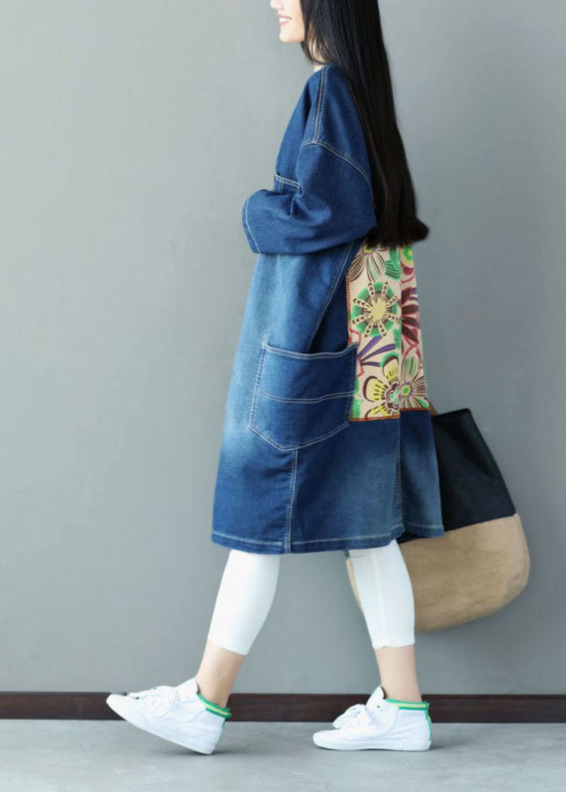 Pluss Size Blå V-halslommer Applikasjonsbomull Denim Coats Spring - Trenchcoats for kvinner