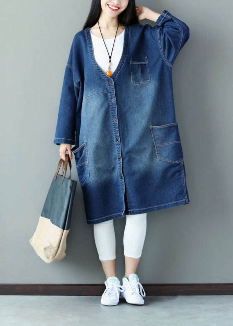 Pluss Size Blå V-halslommer Applikasjonsbomull Denim Coats Spring - Trenchcoats for kvinner