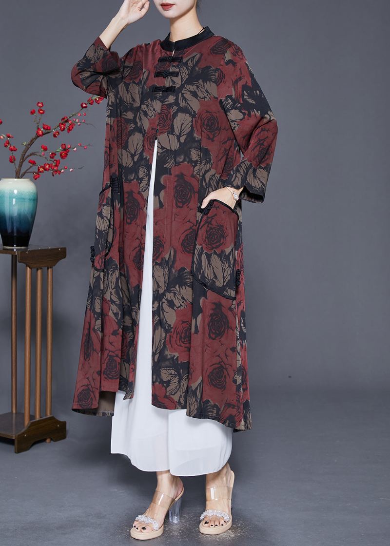 Red Print Silk Trench Coat Overdimensjonert Kinesisk Knapp Fall - Trenchcoats for kvinner