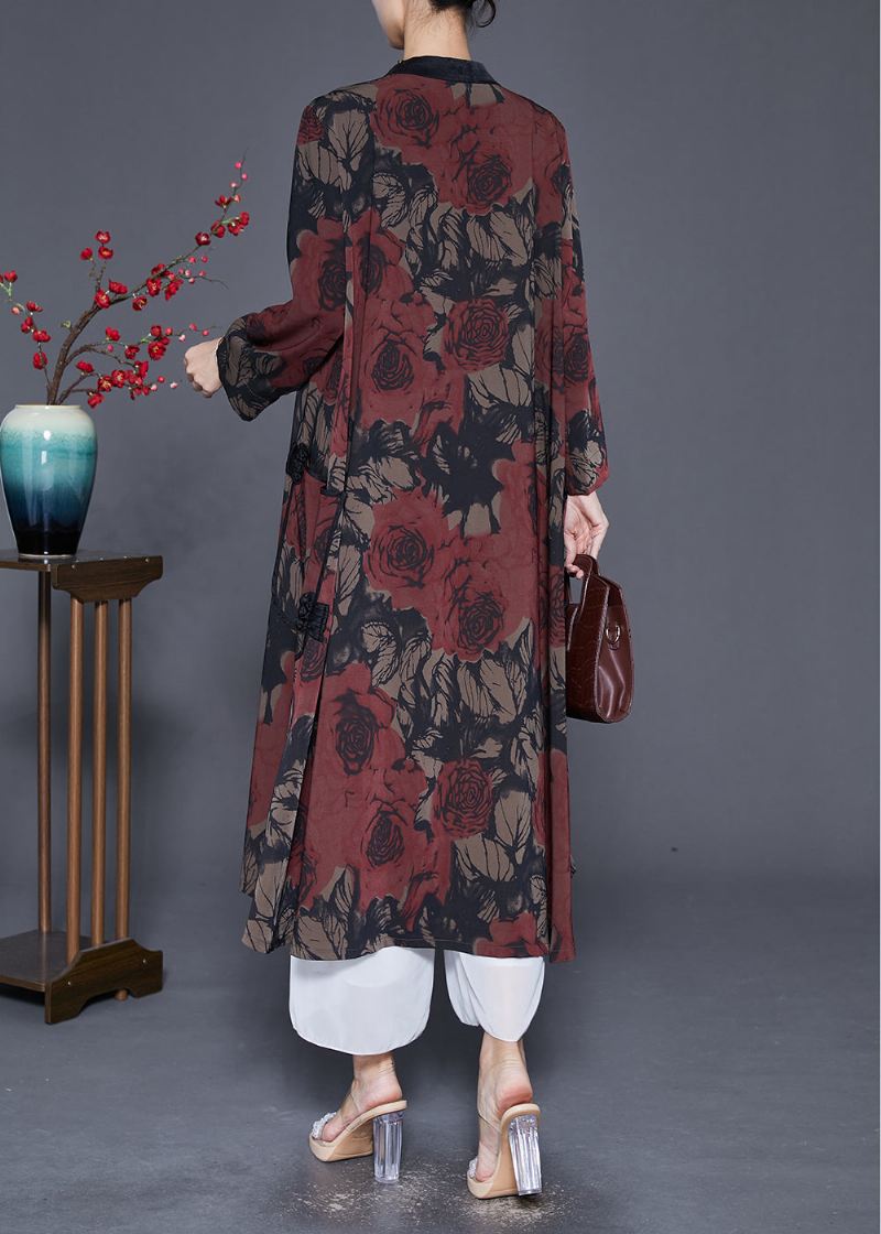 Red Print Silk Trench Coat Overdimensjonert Kinesisk Knapp Fall - Trenchcoats for kvinner