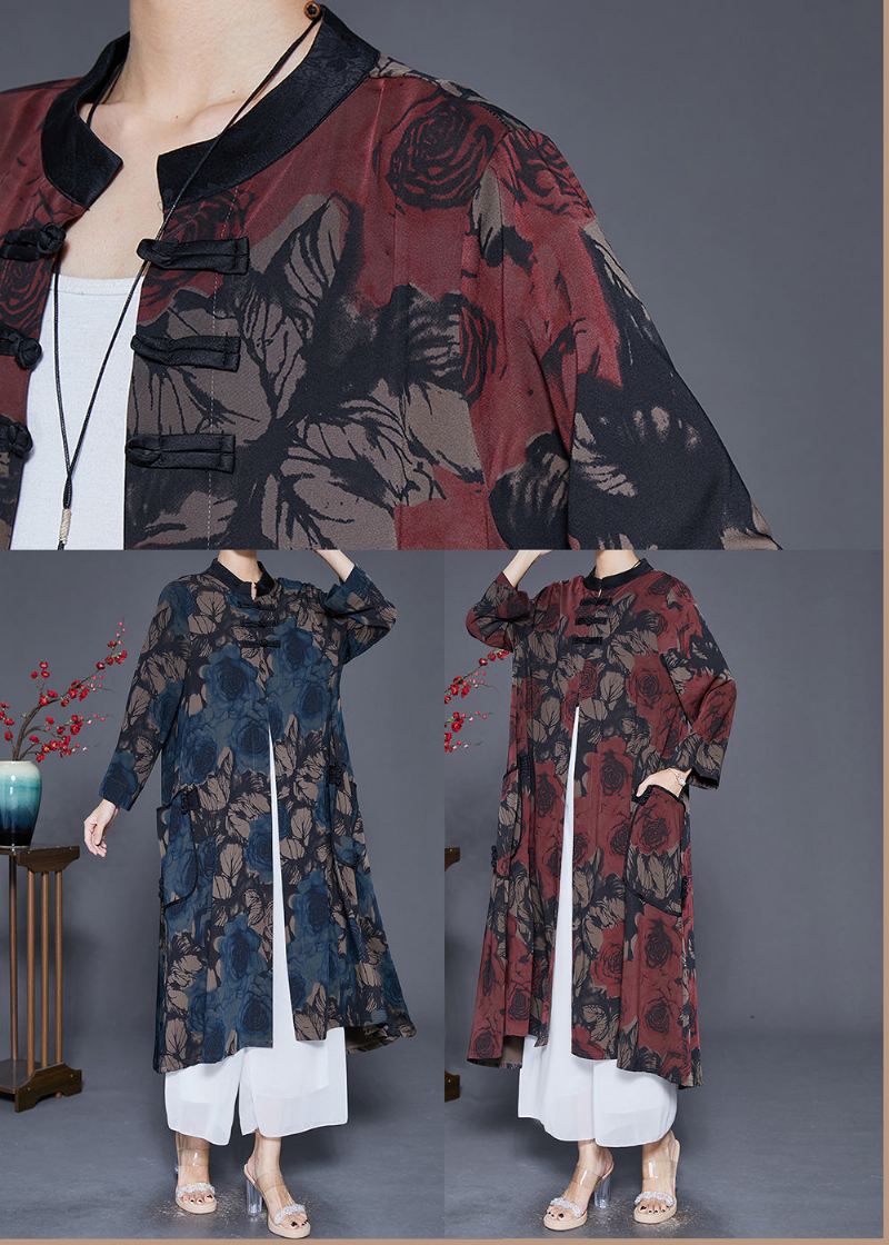 Red Print Silk Trench Coat Overdimensjonert Kinesisk Knapp Fall - Trenchcoats for kvinner