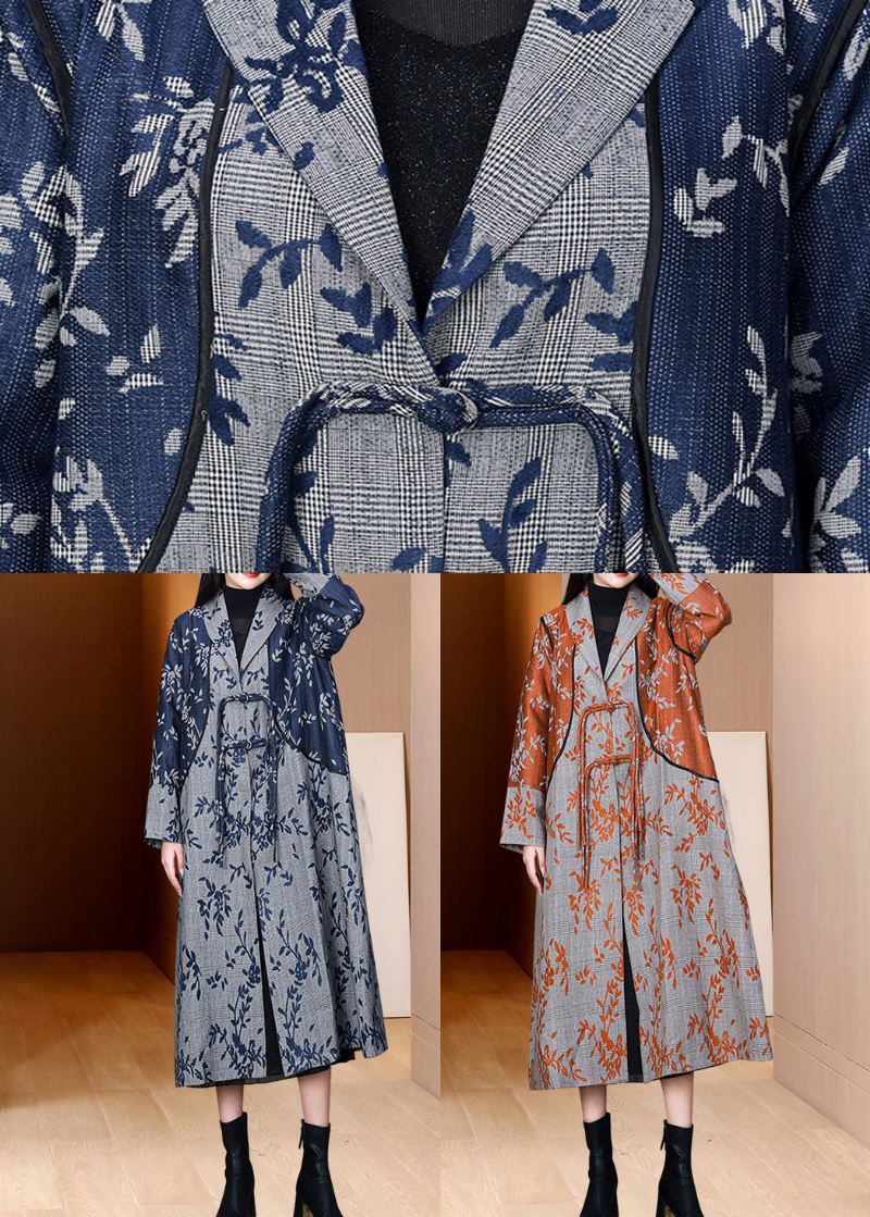 Retro Blå Duskede Lommer Print Patchwork Bomull Trench Fall - Trenchcoats for kvinner