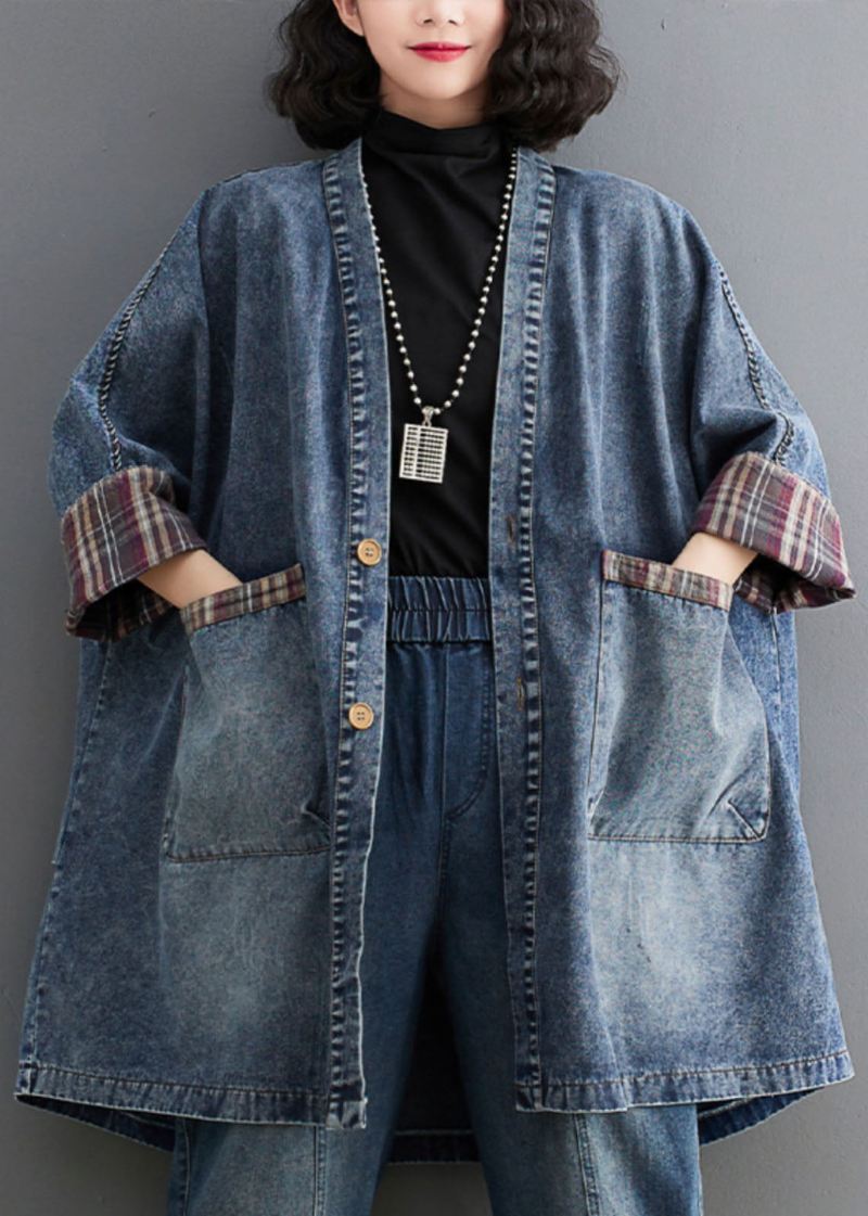 Retro Blå V-hals Stripete Patchwork Denim Trench Coat Langermet