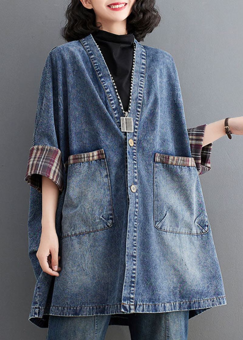 Retro Blå V-hals Stripete Patchwork Denim Trench Coat Langermet - Blå