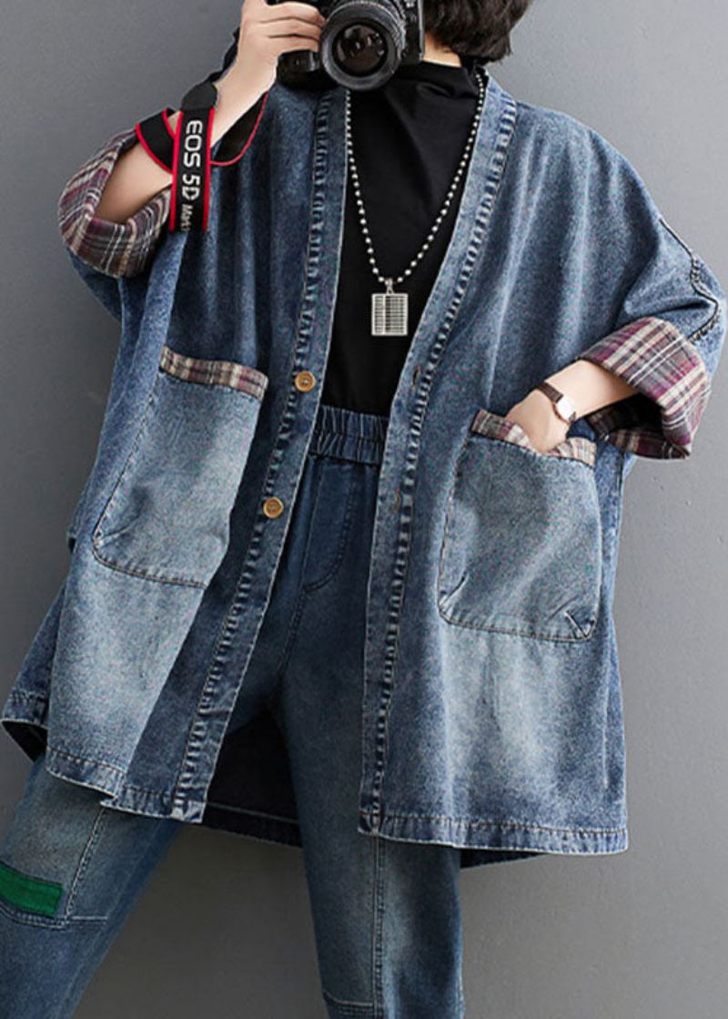 Retro Blå V-hals Stripete Patchwork Denim Trench Coat Langermet - Blå