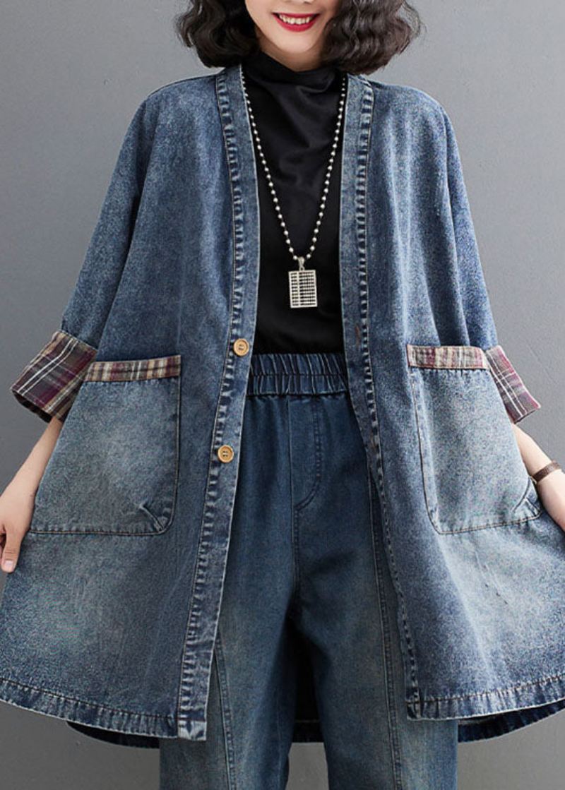 Retro Blå V-hals Stripete Patchwork Denim Trench Coat Langermet - Blå