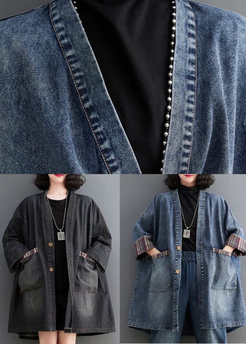 Retro Blå V-hals Stripete Patchwork Denim Trench Coat Langermet - Blå