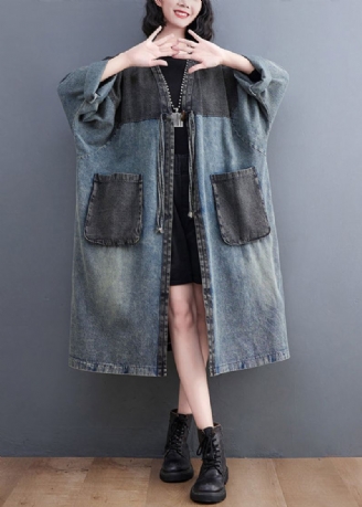 Retro Blå V-halslommer Patchwork Button Denim Lange Trench Coats Fall