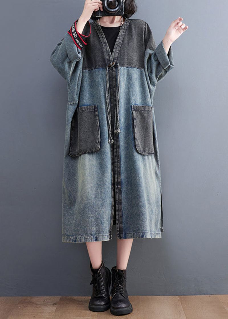 Retro Blå V-halslommer Patchwork Button Denim Lange Trench Coats Fall - Trenchcoats for kvinner