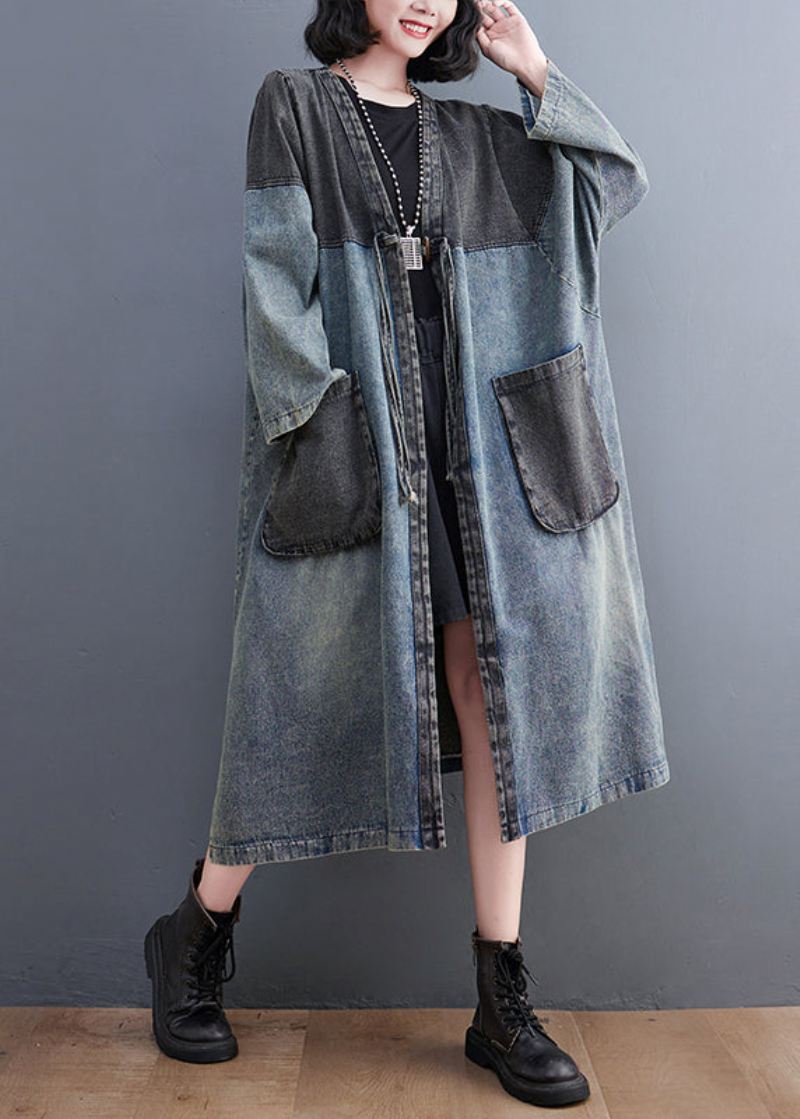 Retro Blå V-halslommer Patchwork Button Denim Lange Trench Coats Fall - Trenchcoats for kvinner