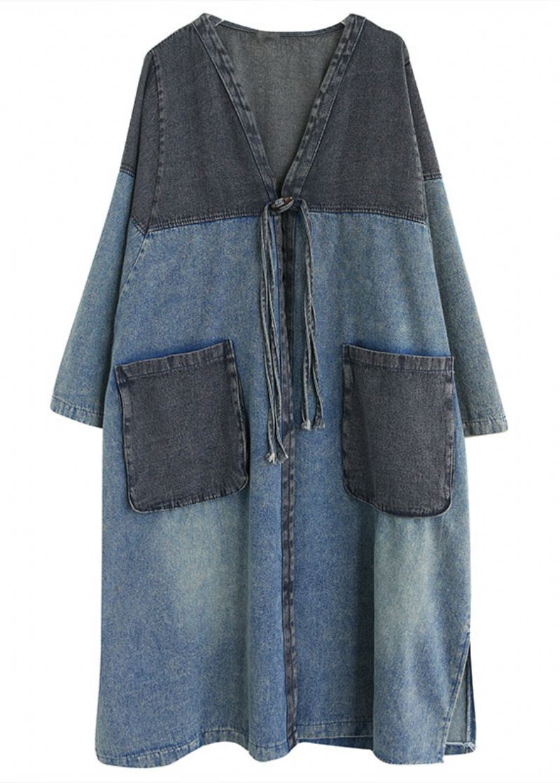 Retro Blå V-halslommer Patchwork Button Denim Lange Trench Coats Fall - Trenchcoats for kvinner