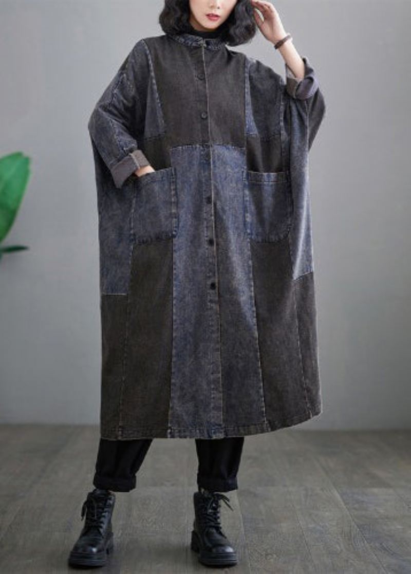 Retro Denim Blå Lommer Patchwork Button Lange Trench Coats Langermet